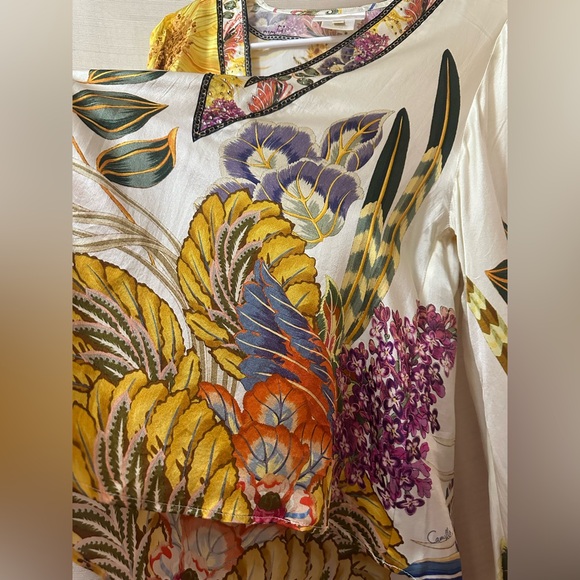 Camilla 100% Silk Floral V-Neck Blouse | Beaded | XXS Luxury Cropped Big Sleeve - Picture 4 of 9